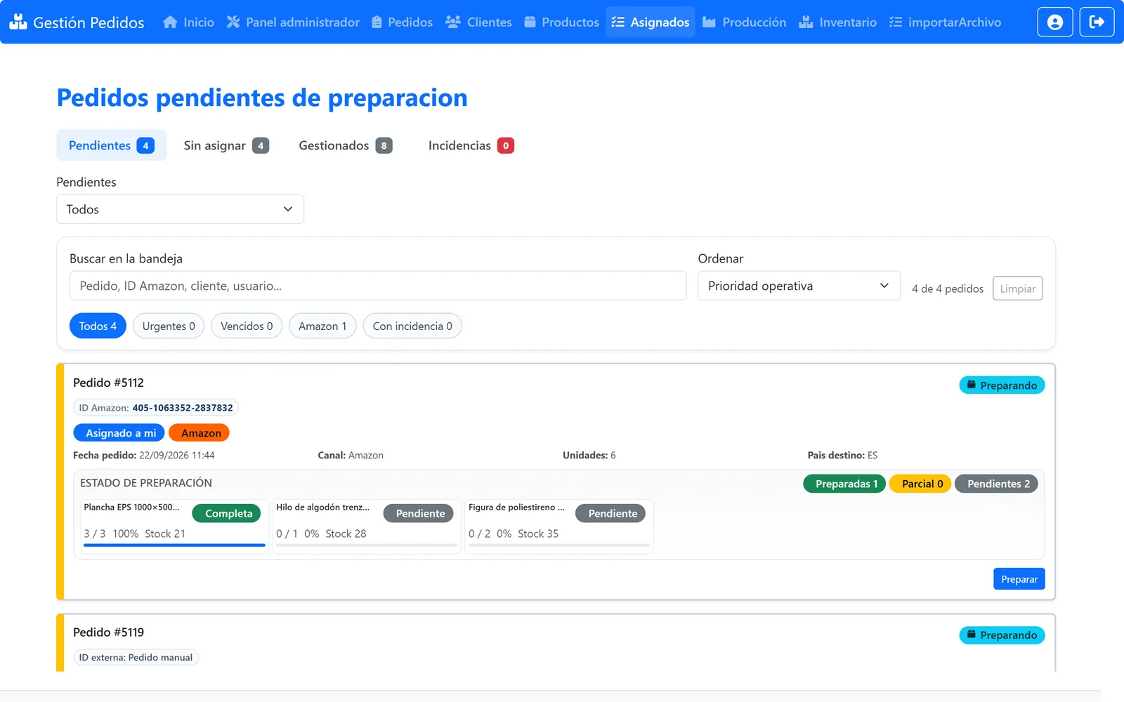 Bandeja de pedidos pendientes de preparación con pestañas de asignados, sin asignar e incidencias y el estado de cada línea