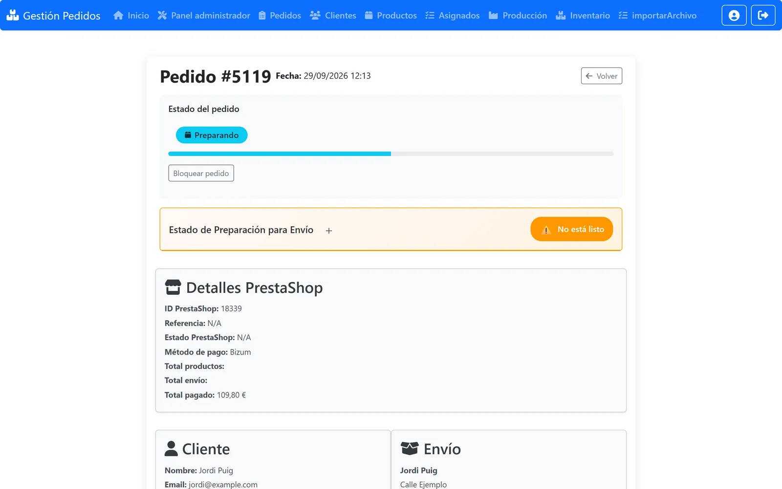 Detalle de un pedido con su estado, el progreso de preparación y los datos de la tienda, el cliente y el envío