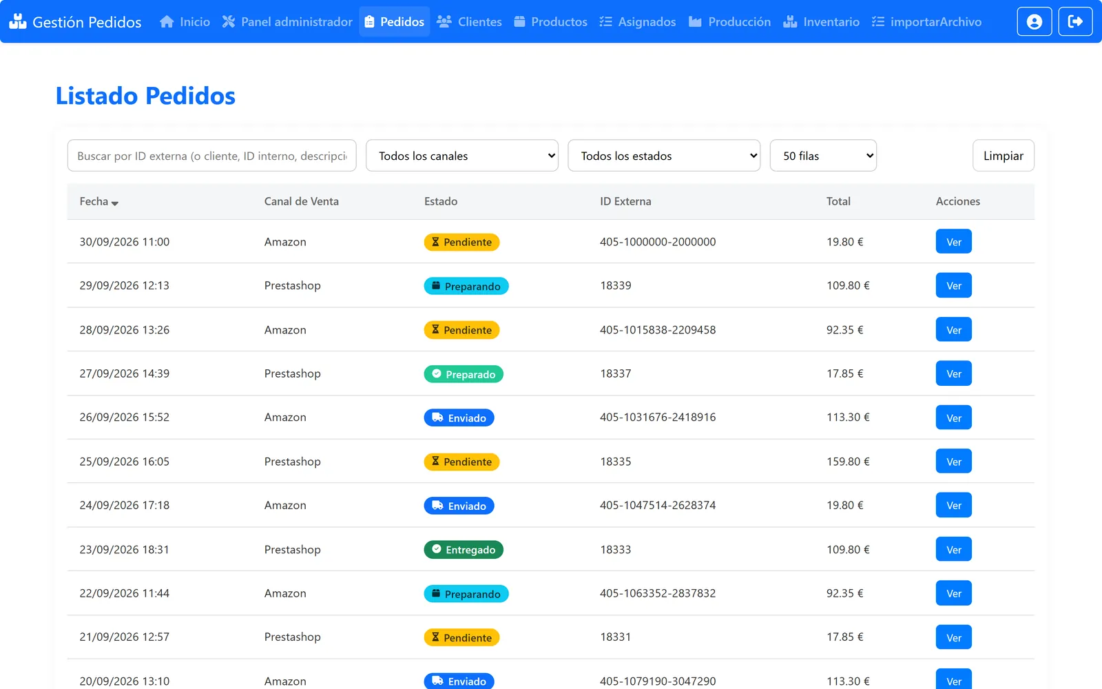 Listado de pedidos de Amazon y PrestaShop con fecha, canal, estado, identificador externo y total