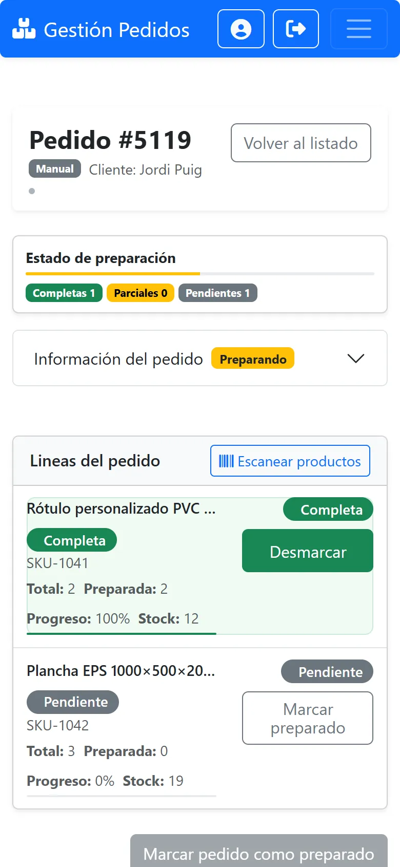 Preparación de un pedido en el móvil, con las líneas completas y pendientes y el botón para escanear productos