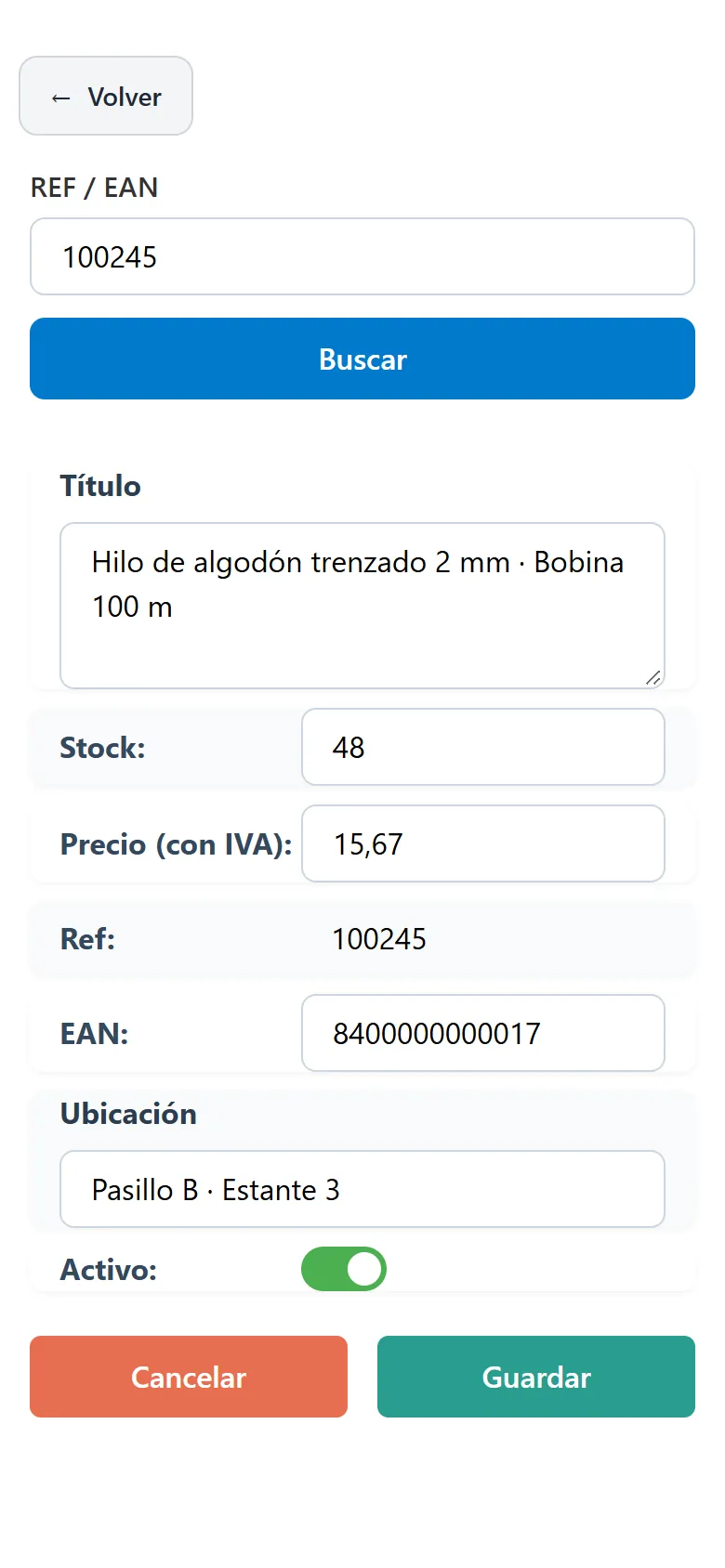 Modo edición del producto con campos de stock, precio, EAN y ubicación y botones de guardar y cancelar