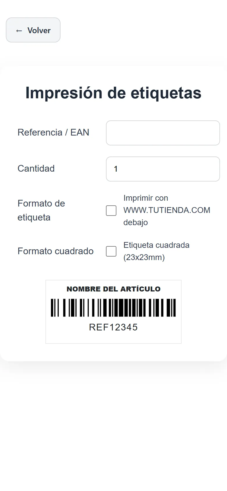 Impresión de etiquetas con cantidad, formato y vista previa del código de barras