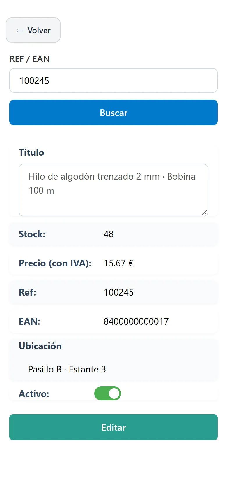 Ficha de un producto encontrado por referencia, con stock, precio con IVA, EAN y ubicación