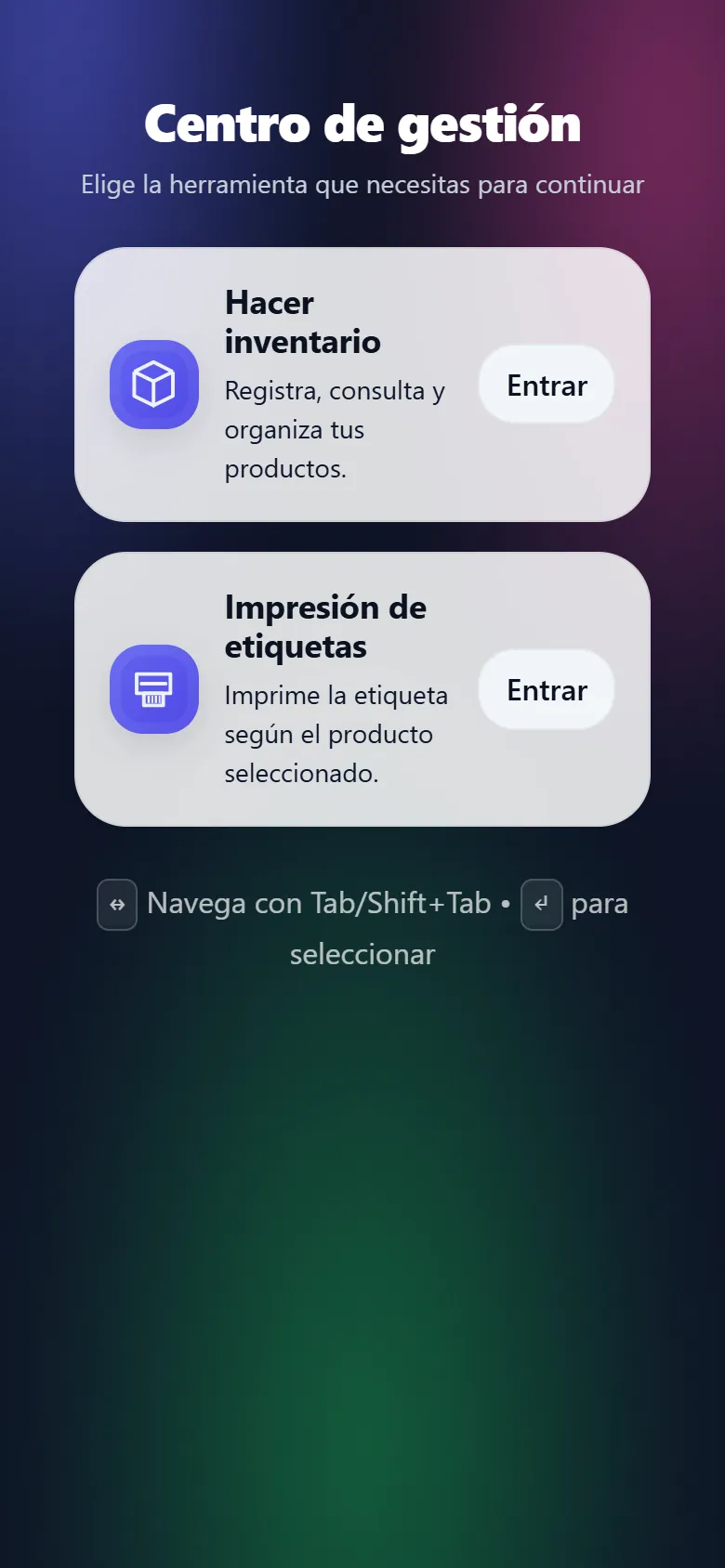 Menú principal con las herramientas de inventario e impresión de etiquetas
